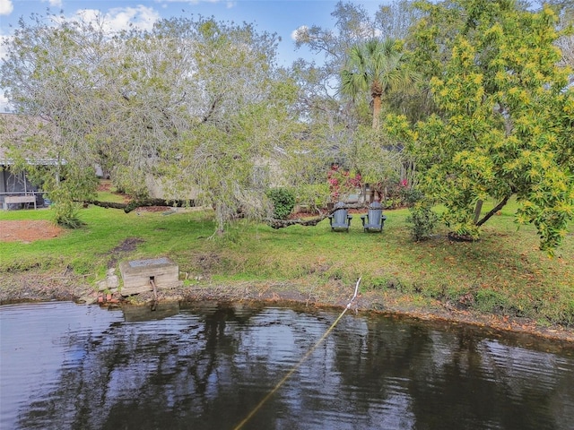 view of dock featuring a yard and a water view