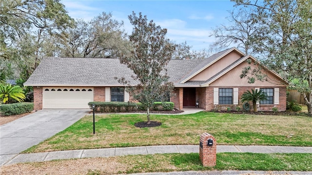 view of front of property featuring concrete driveway, brick siding, an attached garage, and a front lawn