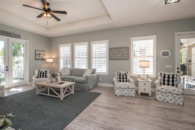 living room with hardwood / wood-style flooring, plenty of natural light, and a raised ceiling