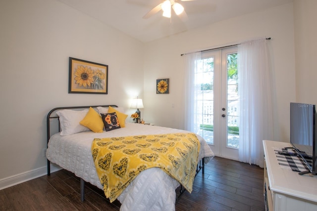 bedroom with french doors, ceiling fan, access to exterior, and dark wood-type flooring