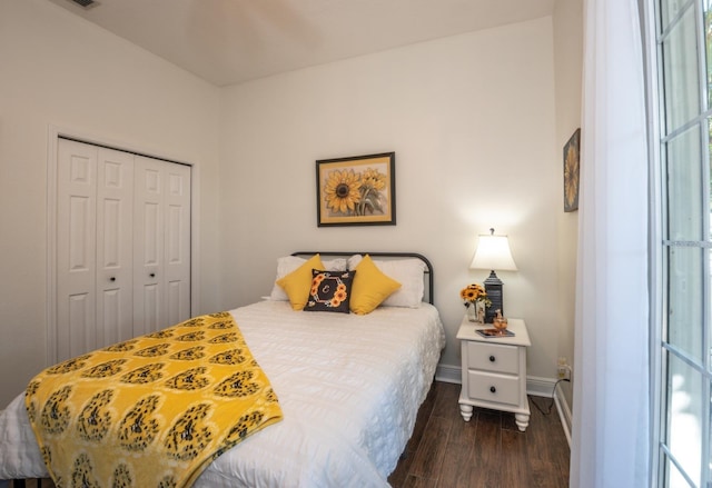 bedroom featuring dark hardwood / wood-style floors and a closet