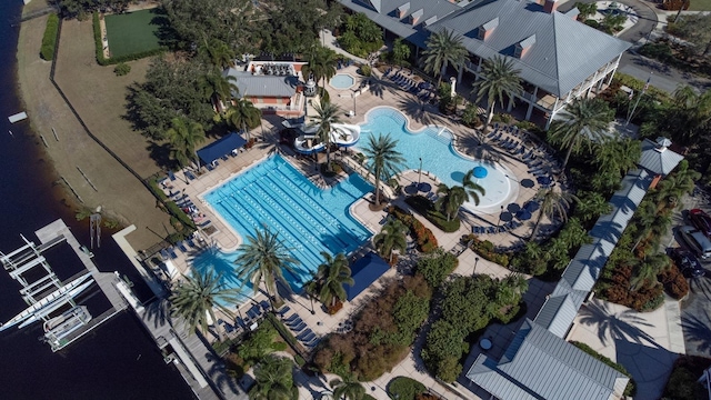 aerial view featuring a water view