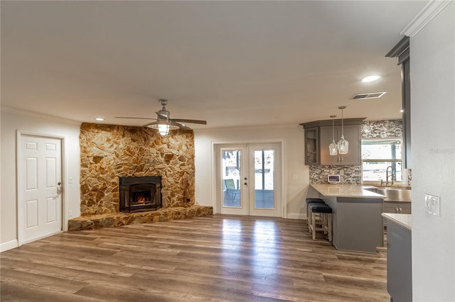 living room with sink, crown molding, dark wood-type flooring, and french doors