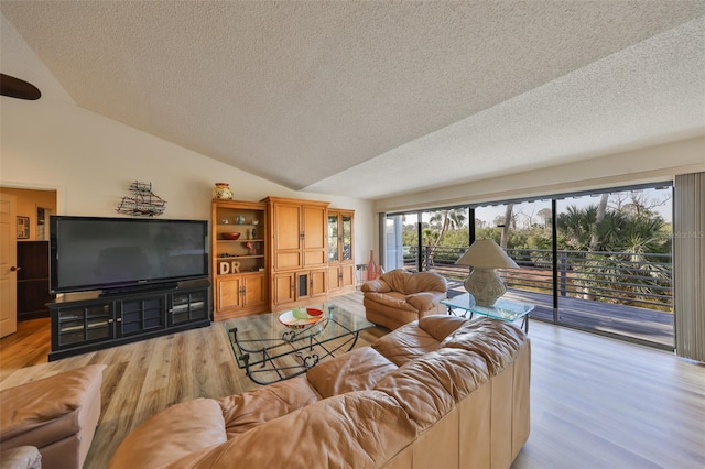 living room with vaulted ceiling, a textured ceiling, and light hardwood / wood-style floors