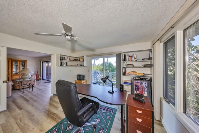 office space with ceiling fan, light hardwood / wood-style floors, and a textured ceiling