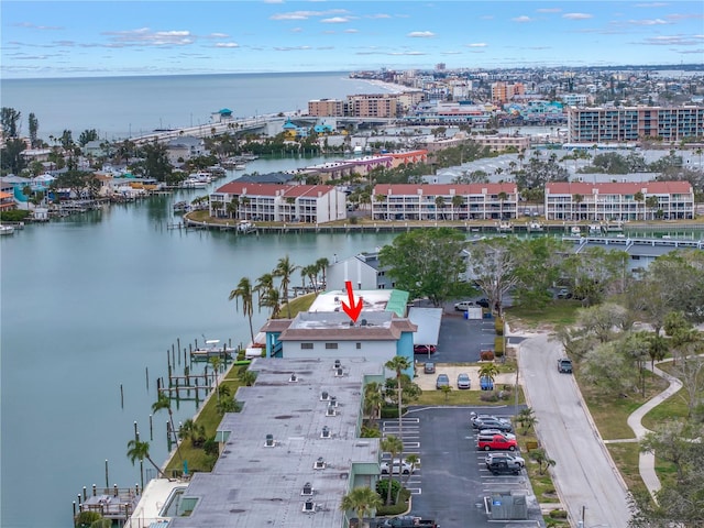 bird's eye view with a water view