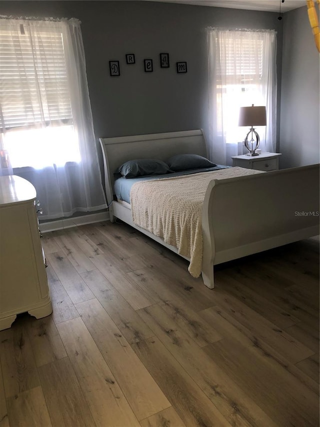 bedroom featuring multiple windows and wood finished floors