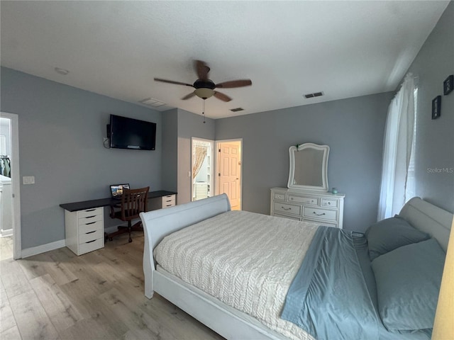 bedroom featuring light wood-type flooring, baseboards, visible vents, and a ceiling fan