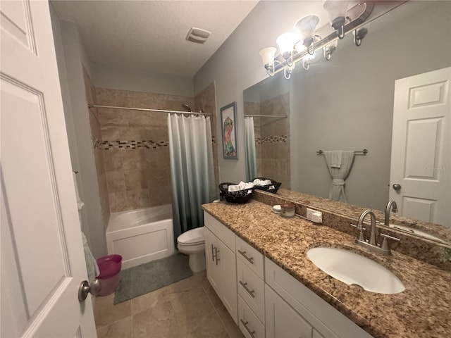 bathroom with visible vents, toilet, vanity, a textured ceiling, and shower / bath combination with curtain