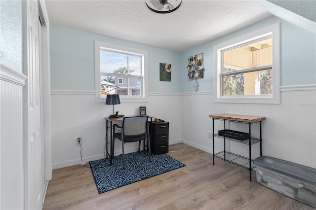 office featuring plenty of natural light, a textured ceiling, and light wood-type flooring