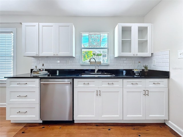 kitchen with sink, backsplash, dishwasher, and white cabinets