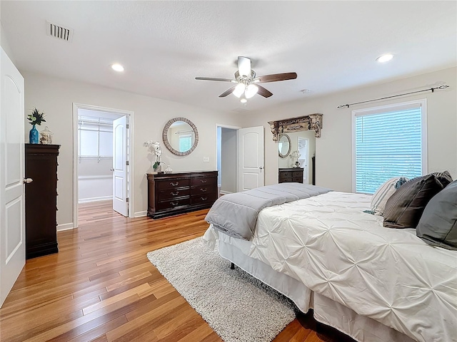 bedroom with a spacious closet, ceiling fan, and light hardwood / wood-style flooring