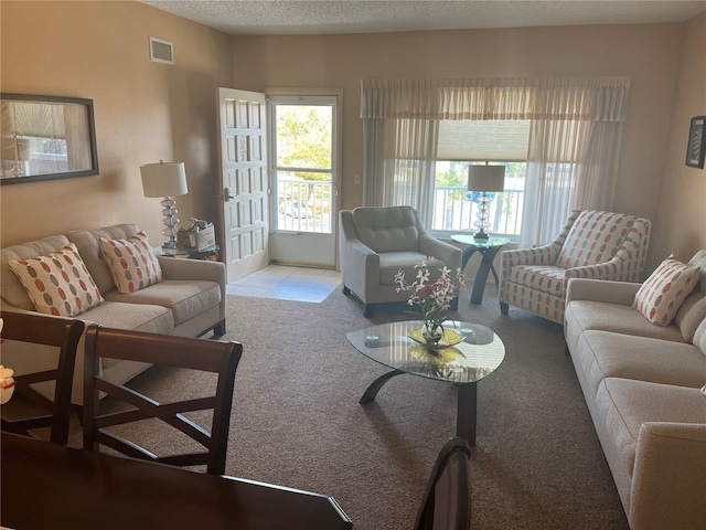 carpeted living room featuring a textured ceiling