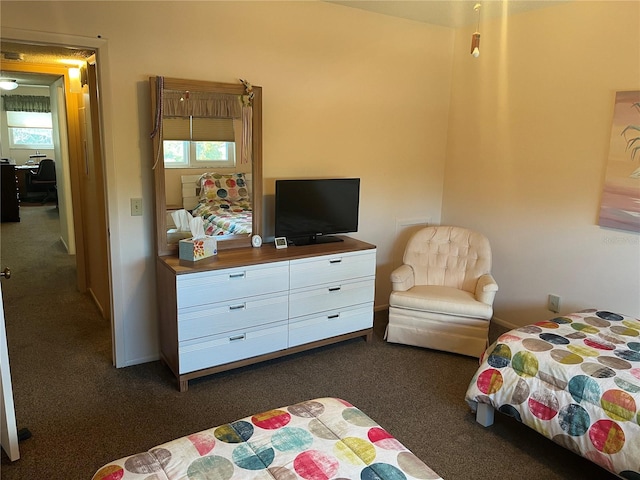 bedroom with dark colored carpet