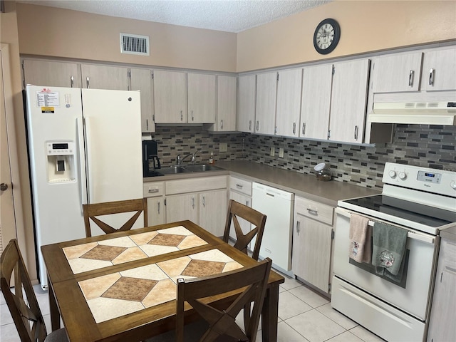 kitchen featuring light tile patterned flooring, sink, gray cabinets, white appliances, and exhaust hood