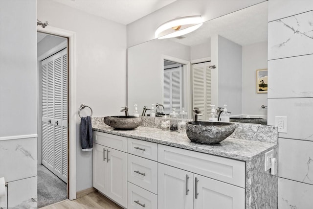 bathroom with hardwood / wood-style flooring and vanity