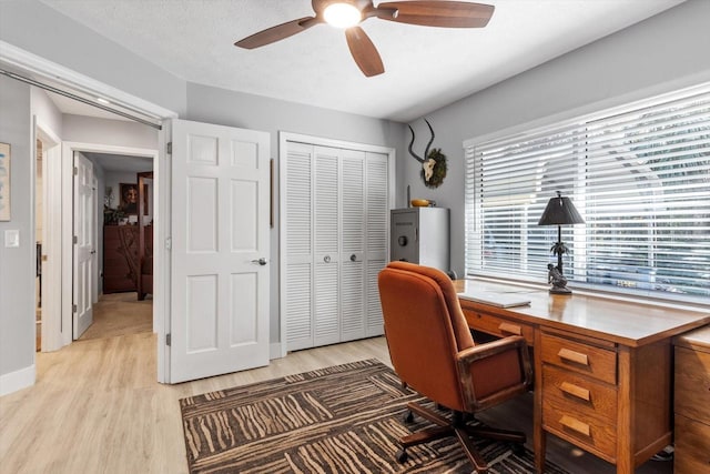 office space featuring ceiling fan, light hardwood / wood-style floors, and a textured ceiling