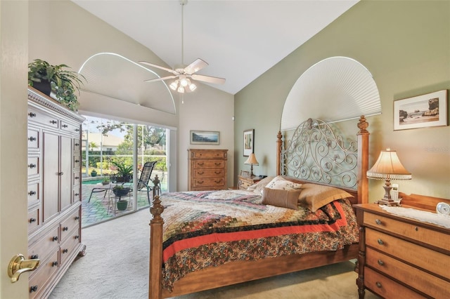 bedroom with ceiling fan, light colored carpet, access to exterior, and vaulted ceiling