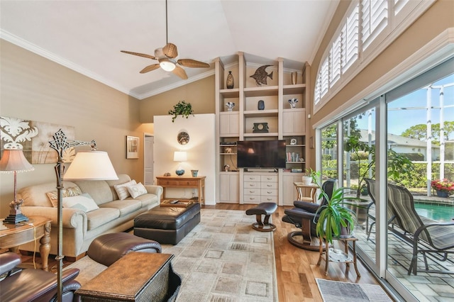 living room featuring crown molding, high vaulted ceiling, ceiling fan, and light hardwood / wood-style floors