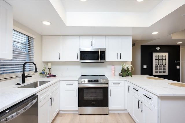 kitchen with appliances with stainless steel finishes, sink, white cabinets, and kitchen peninsula