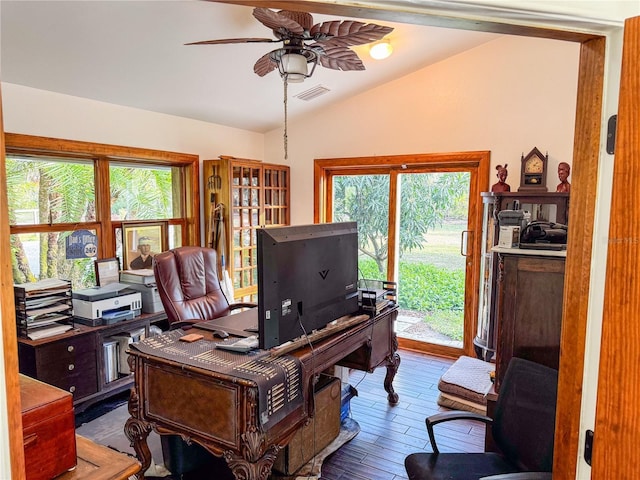 office featuring ceiling fan, vaulted ceiling, and hardwood / wood-style floors