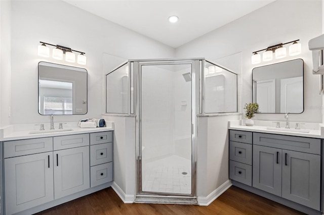 bathroom featuring wood-type flooring, a shower with door, and vanity