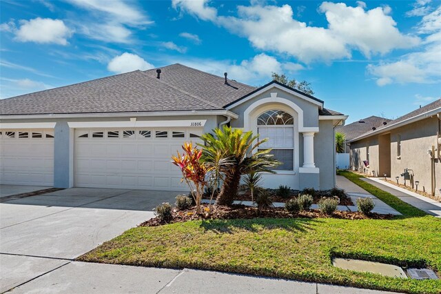31806 Larkenheath Dr, Wesley Chapel, FL 33543 - ranch-style home with an attached garage, concrete driveway, stucco siding, a front lawn, and roof with shingles
