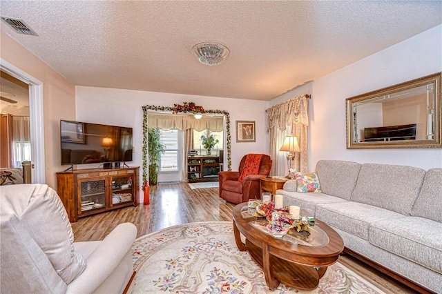 living room featuring a textured ceiling and light wood-type flooring