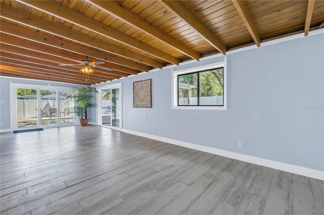 spare room with beamed ceiling, ceiling fan, hardwood / wood-style floors, and wood ceiling