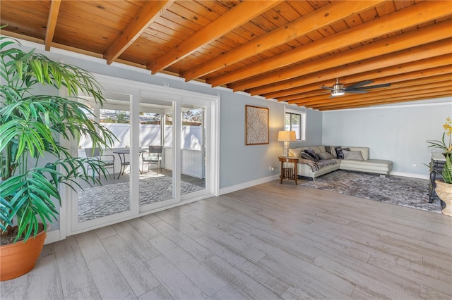 living room with ceiling fan, wood ceiling, beam ceiling, and light hardwood / wood-style flooring