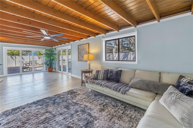 living room with hardwood / wood-style flooring, ceiling fan, wooden ceiling, and beam ceiling