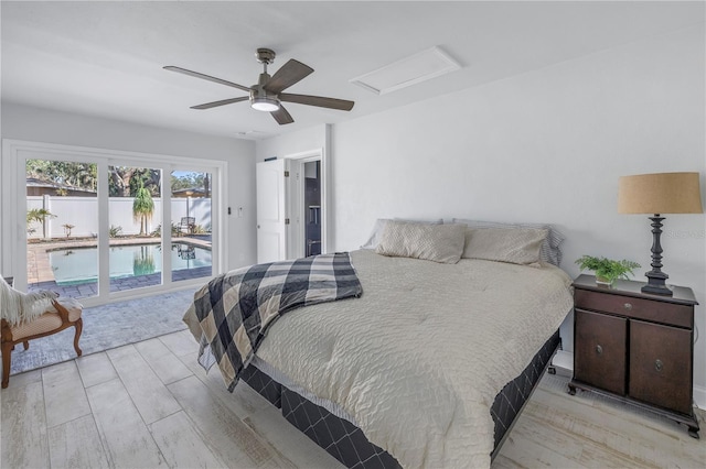 bedroom featuring access to exterior and ceiling fan