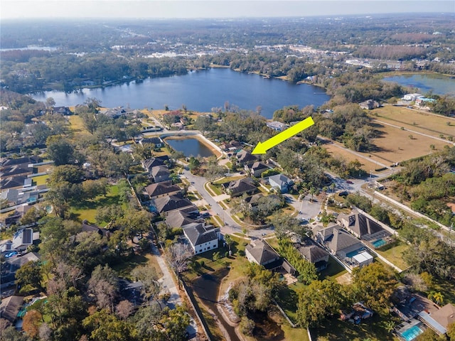 aerial view featuring a water view