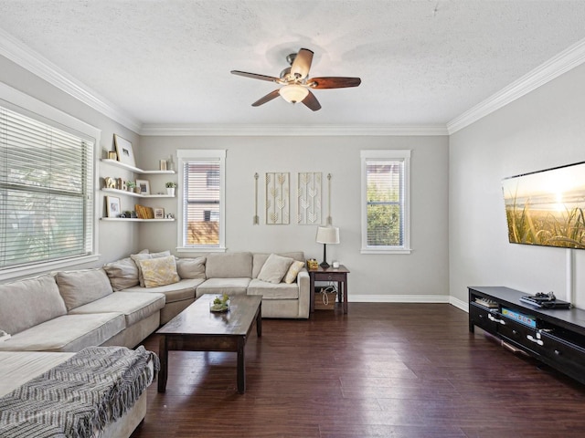 living room with dark hardwood / wood-style flooring, plenty of natural light, and a textured ceiling