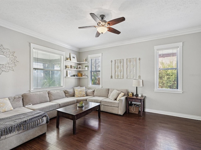 living room with dark hardwood / wood-style flooring, plenty of natural light, and a textured ceiling