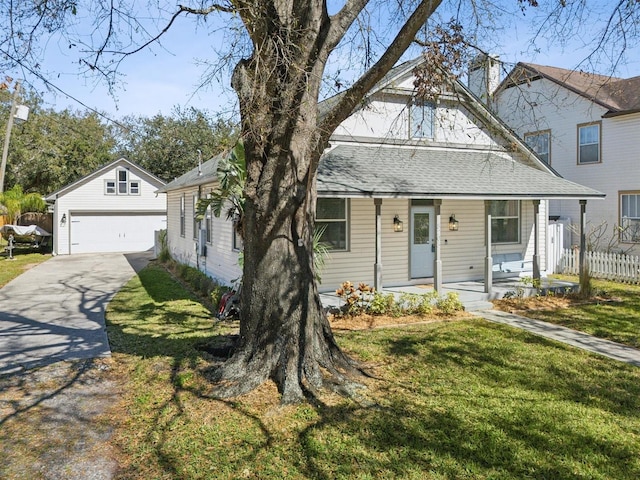 view of front of house with a front lawn, a porch, a garage, and an outbuilding