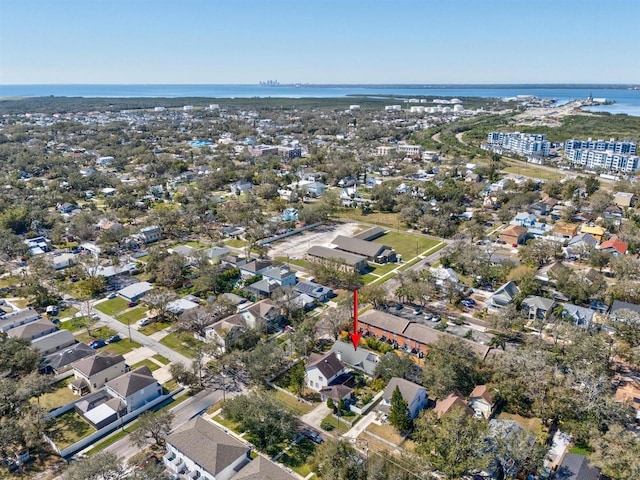 drone / aerial view with a water view