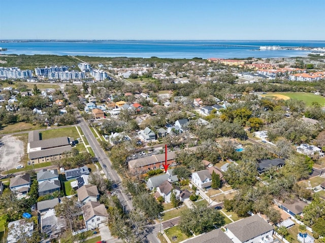 bird's eye view with a water view