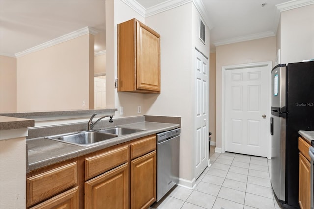 kitchen featuring sink, crown molding, stainless steel appliances, and light tile patterned flooring