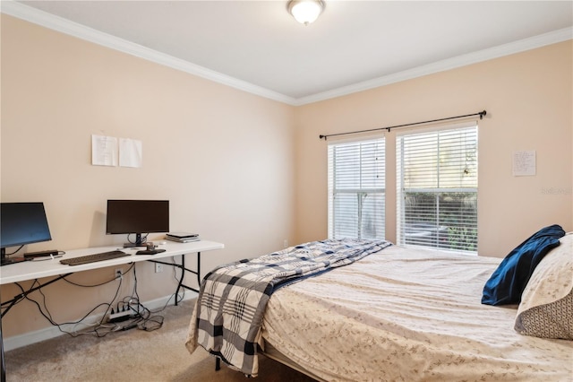 bedroom with crown molding and carpet