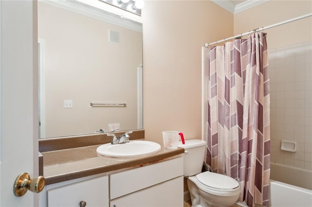 full bathroom with crown molding, vanity, toilet, and shower / bath combination with curtain