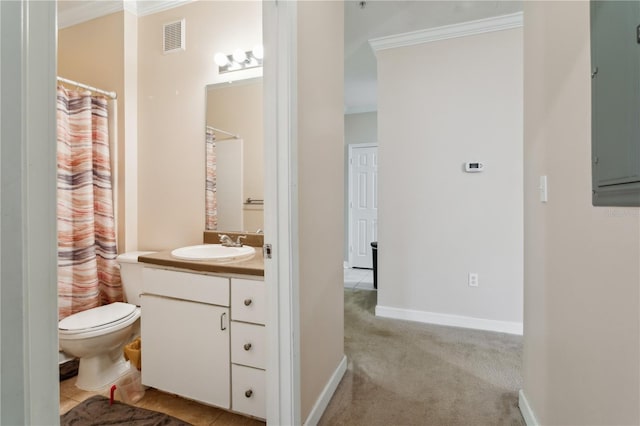 bathroom featuring curtained shower, vanity, electric panel, toilet, and crown molding