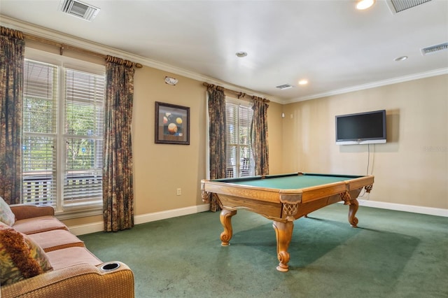 playroom with dark colored carpet, pool table, and crown molding