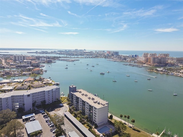 bird's eye view with a water view