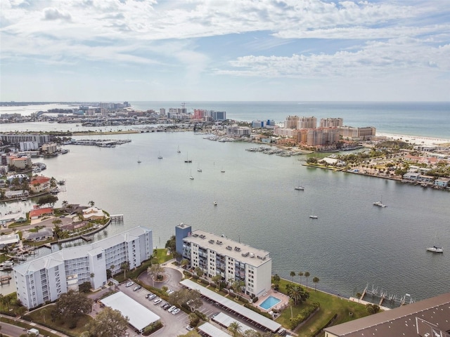 aerial view featuring a water view