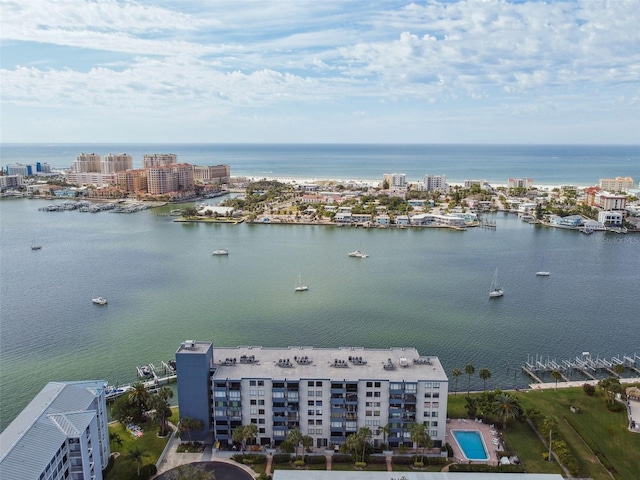 aerial view featuring a water view