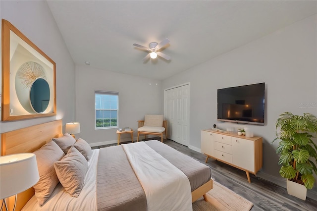 bedroom featuring dark wood-type flooring, ceiling fan, and a closet