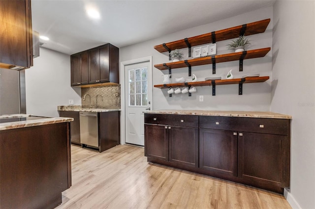 bar with dark brown cabinetry, light hardwood / wood-style flooring, dishwasher, black electric stovetop, and decorative backsplash