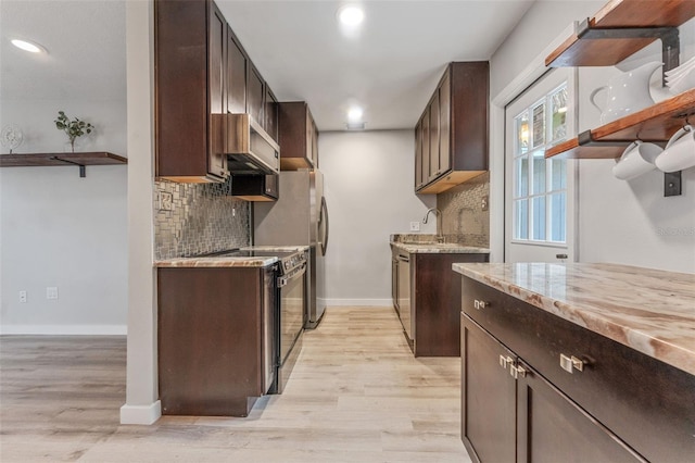 kitchen with tasteful backsplash, sink, dark brown cabinetry, and light hardwood / wood-style floors