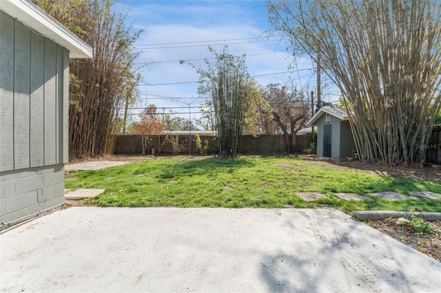 view of yard featuring a patio and a shed